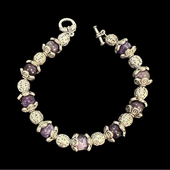 Natural Stone Beaded Bracelet Silver Tone 8 Inch Length Artisan Made - Picture 1 of 2